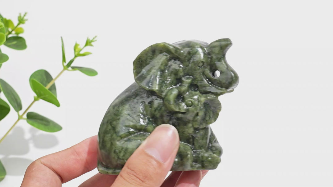 Natural Serpentine Mother & Baby Elephant Carving
