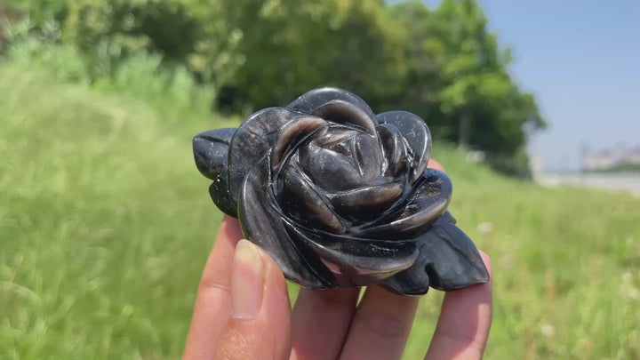 Natural Crystal Silver Obsidian Peony Bloom Carving